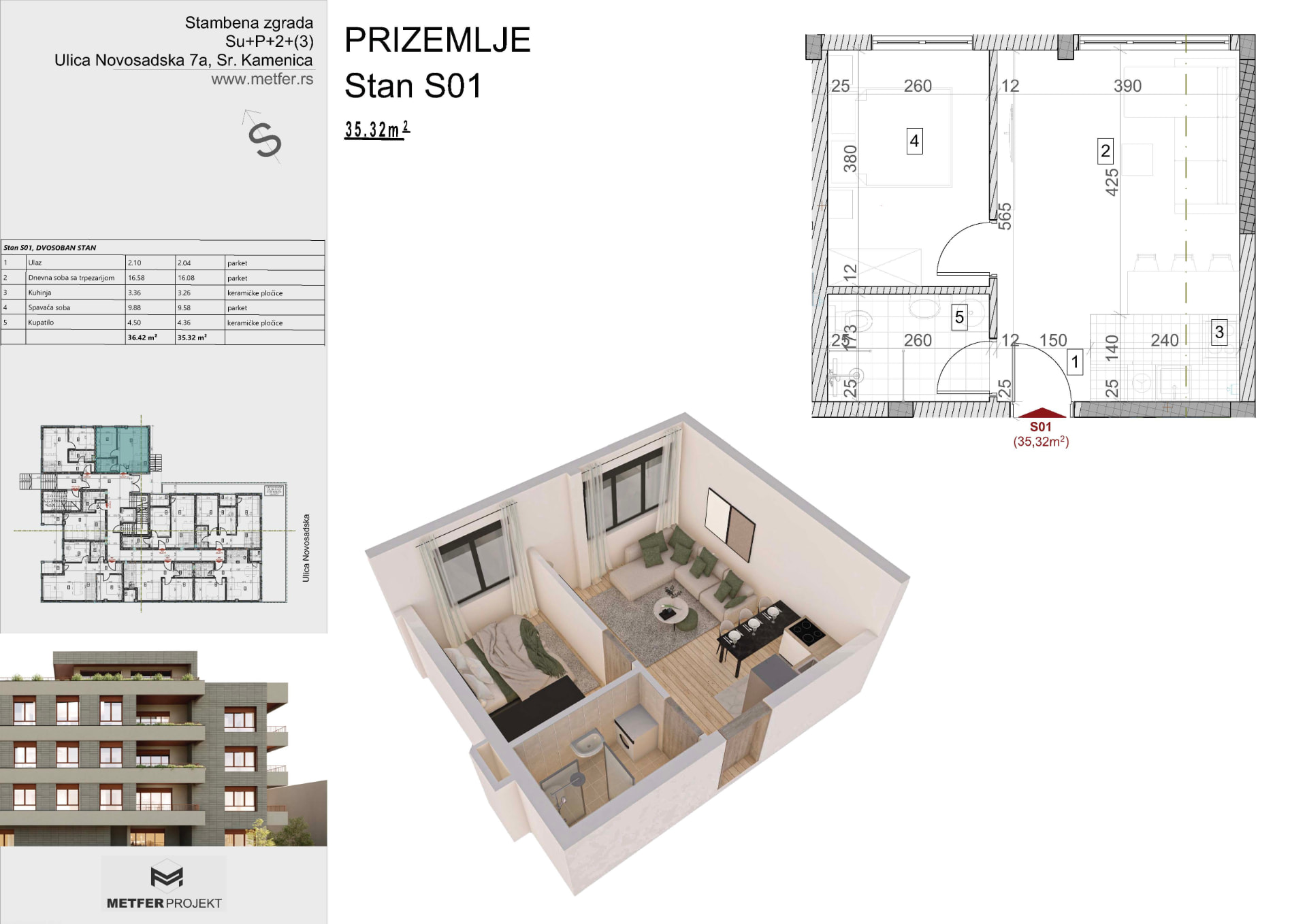 Stan S01 35,32 m² prizemlje Sremska Kamenica Novi Sad osnova stana