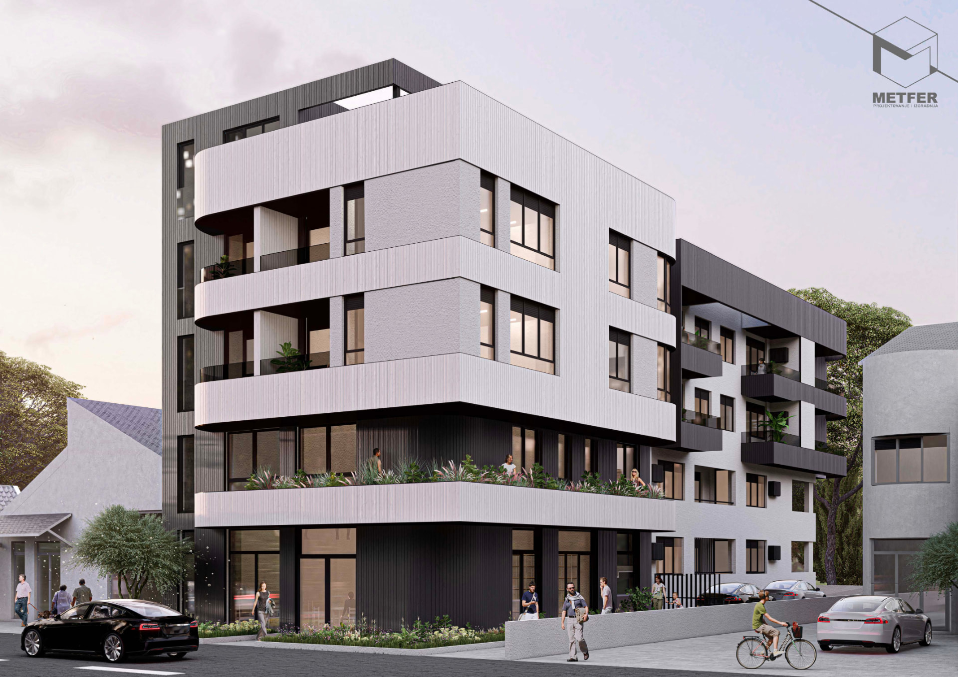 Commercial space for rent at Vršacka 36 in Novi Sad — full-colour exterior render of the corner façade and ground-floor business premises