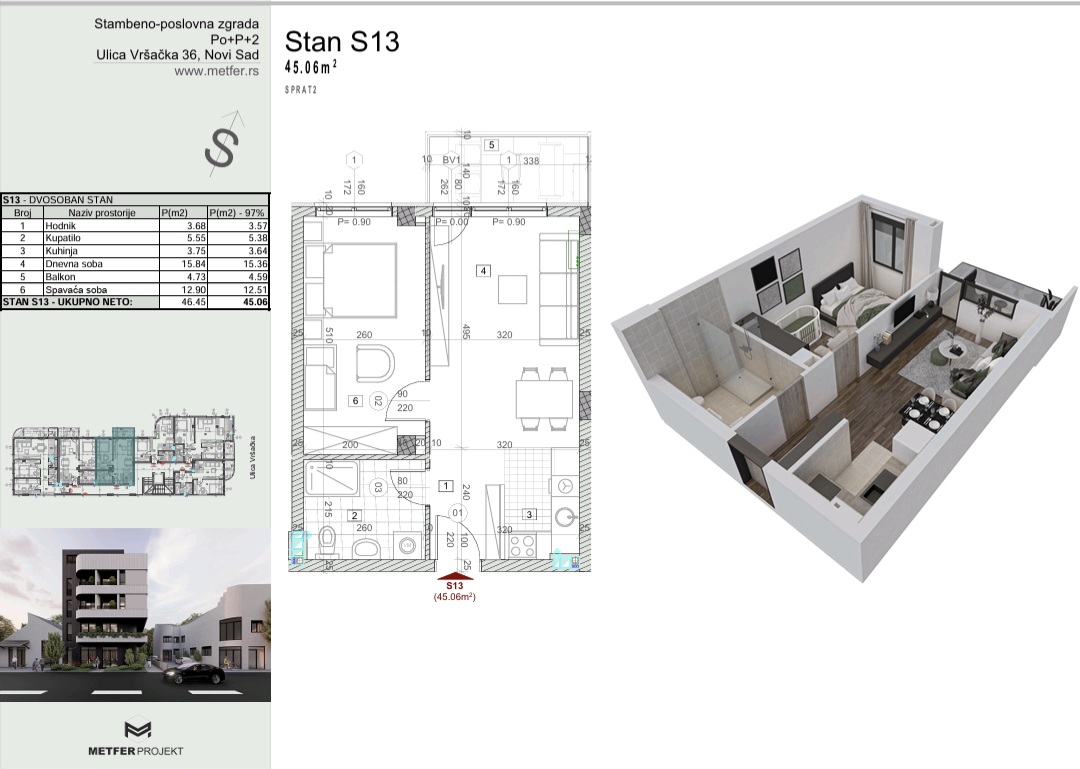 Stan S13 45,06 m² drugi sprat Vršacka 36 Novi Sad osnova stana i 3D prikaz