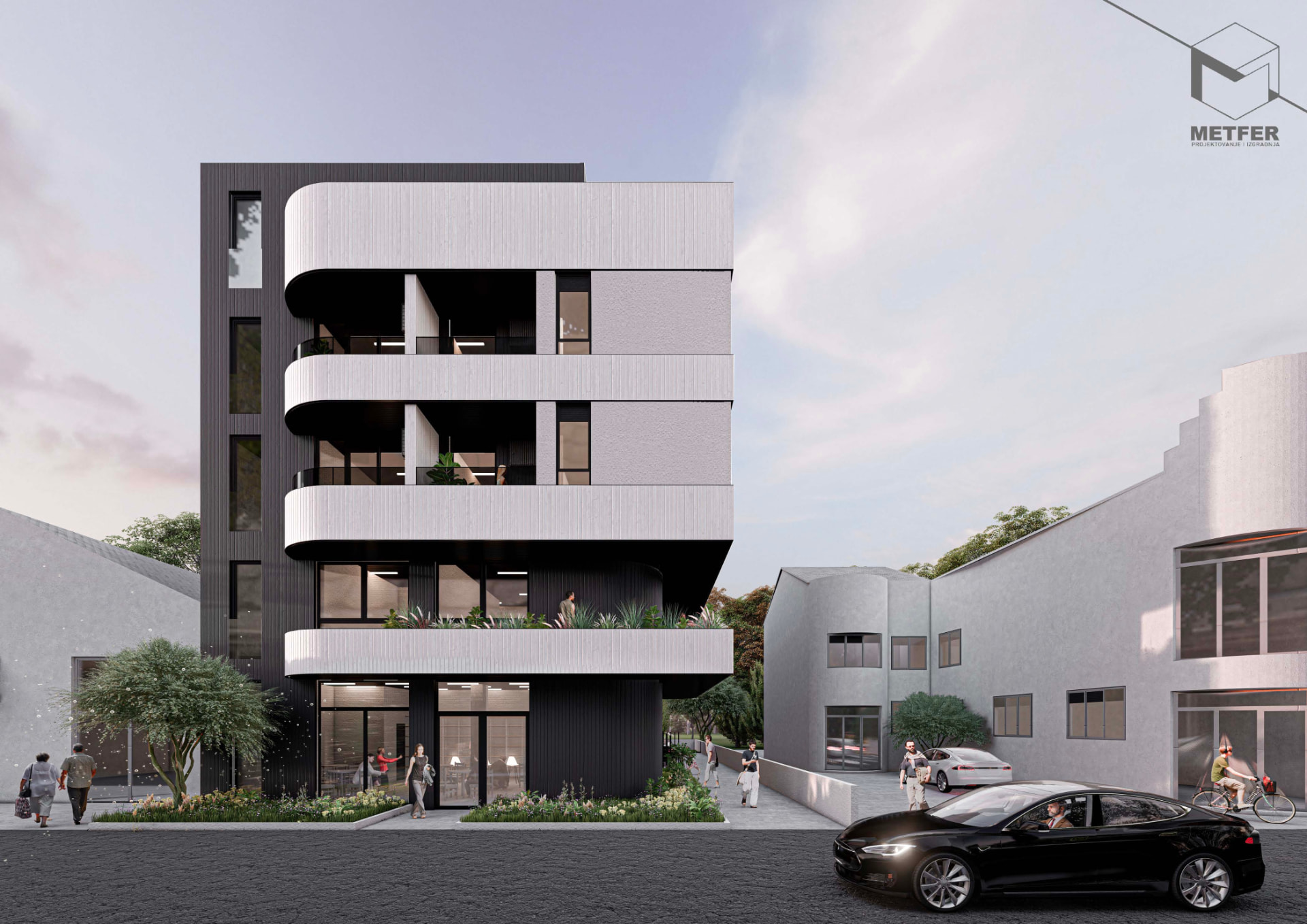 Street elevation visualisation of the Vrsacka 36 building in Novi Sad with glazed commercial frontage at street level