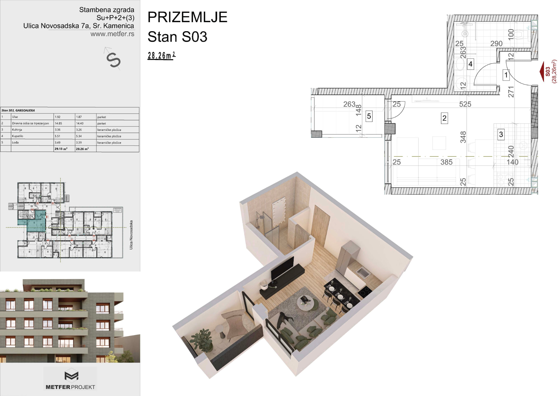 Garsonjera S03 28,26 m² prizemlje Sremska Kamenica Novi Sad osnova stana