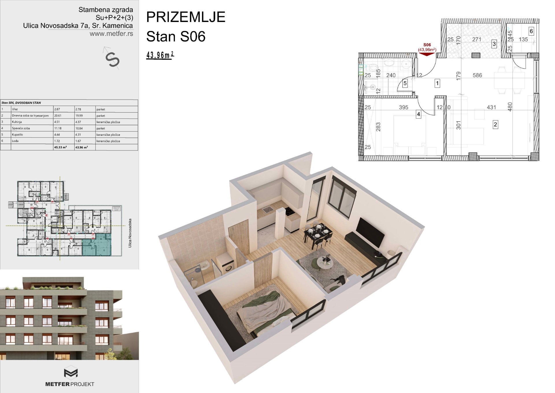 Stan S06 43,96 m² prizemlje Sremska Kamenica Novi Sad osnova stana