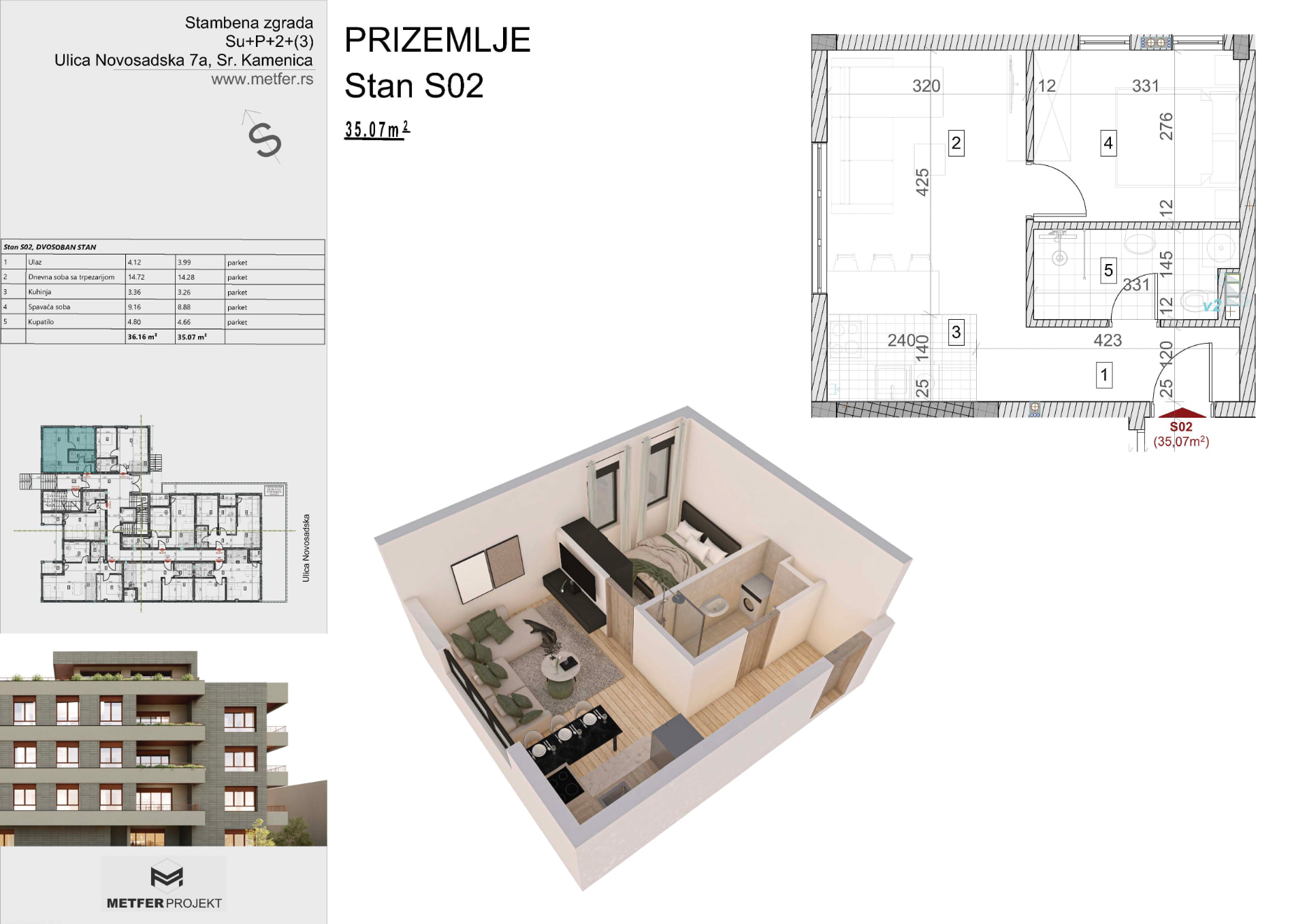 Stan S02 35,07 m² prizemlje Sremska Kamenica Novi Sad osnova stana