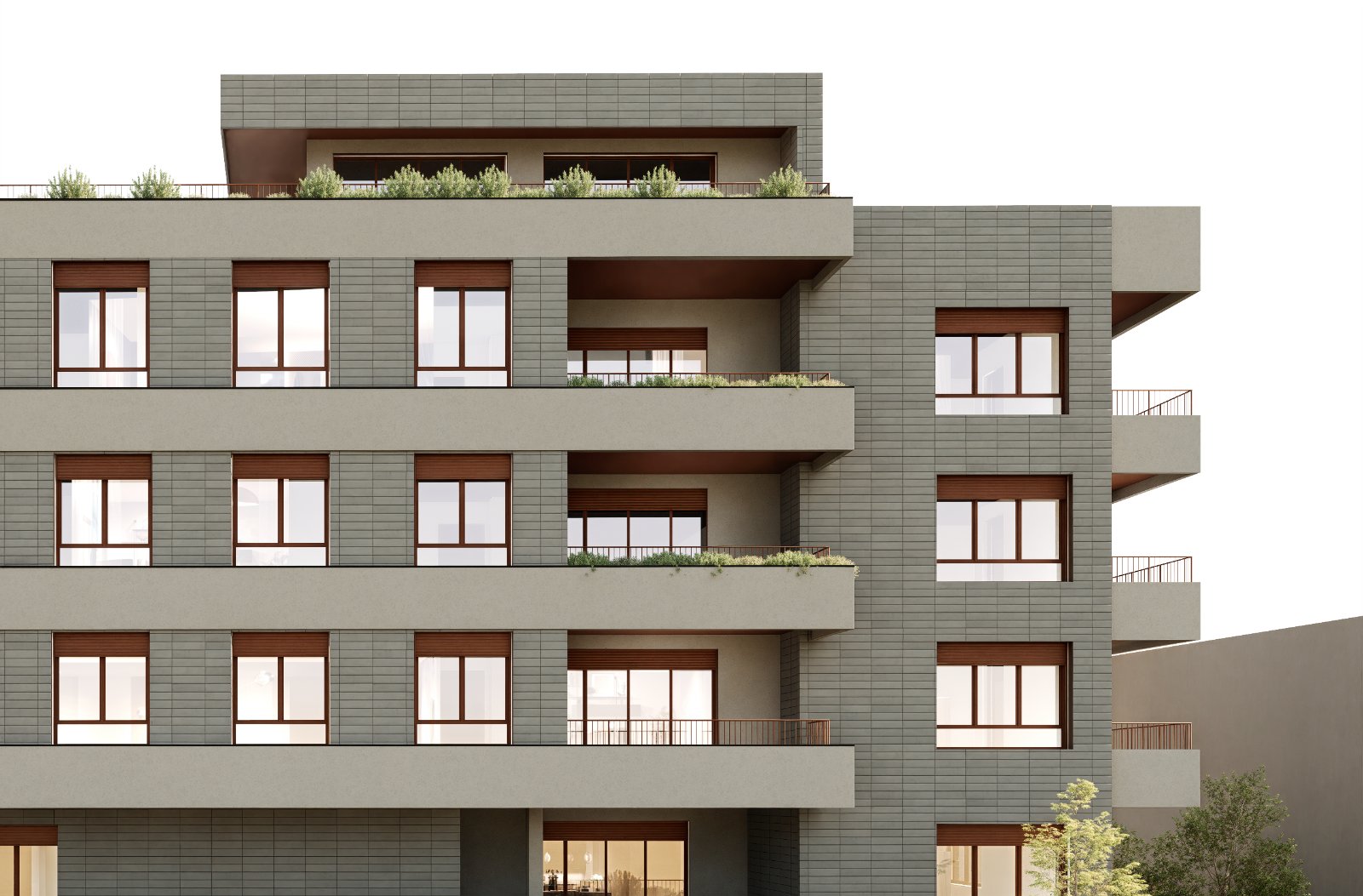 Sremska Kamenica residential development architectural visualization — façade detail with balconies and greenery